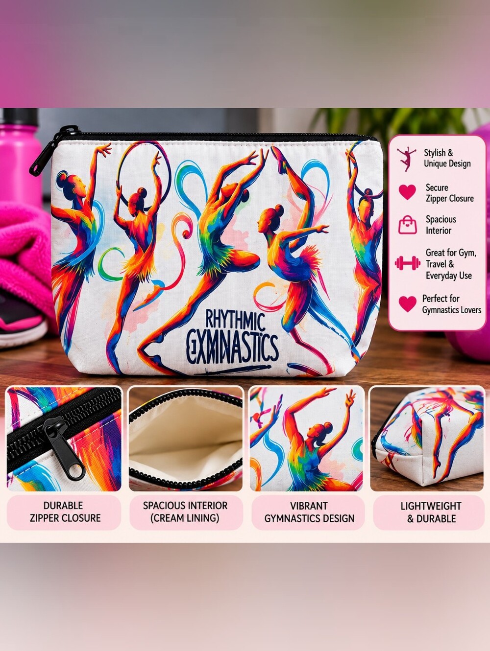 Rhythmic Gymnastics Colorful Canvas Zip Pouch - White